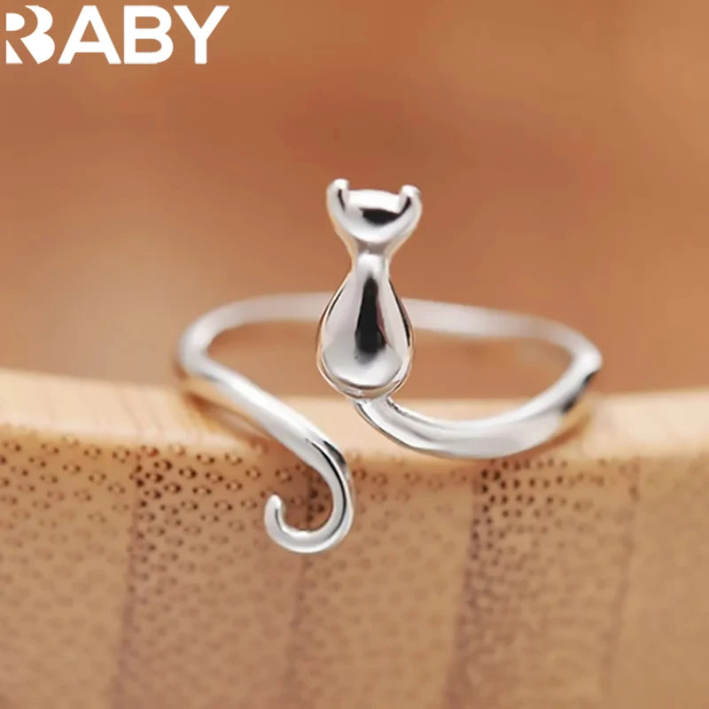 Sterling Silver Cat Ring for Women Engagement Jewelry Adjustable Gift