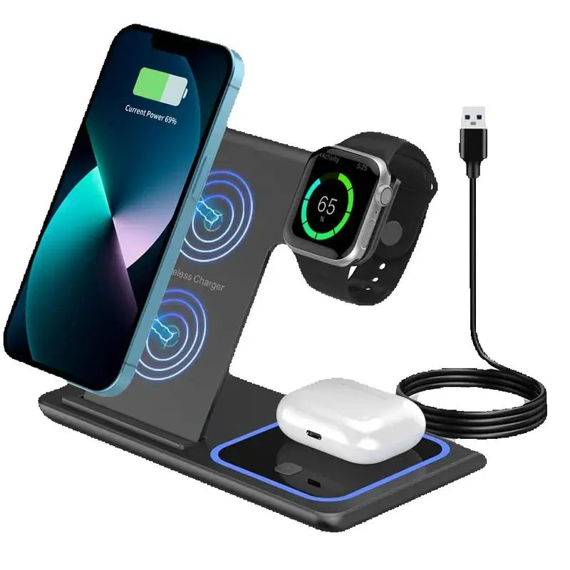 15W 3-in-1 Wireless Charging Station for iPhone, Apple Watch & AirPods - Foldable Stand