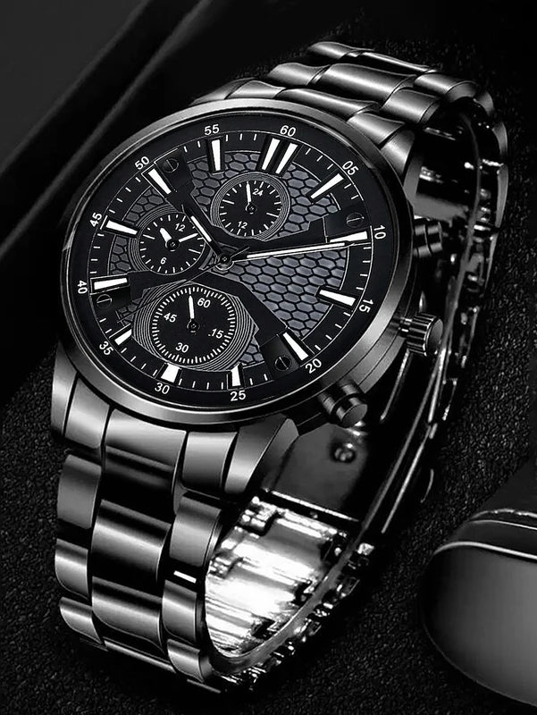 Men's Quartz Watch and Wallet Set - Stainless Steel Belted Business Accessories