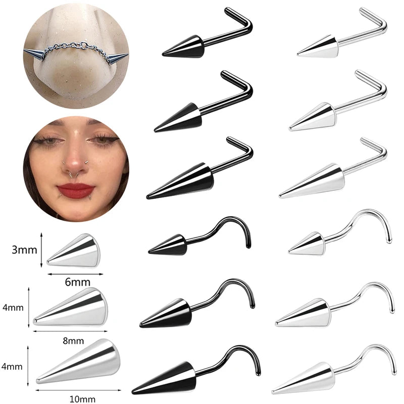 Nostril Piercing Jewelry Cone Nose Studs Long Spike Chain Set - Stainless Steel