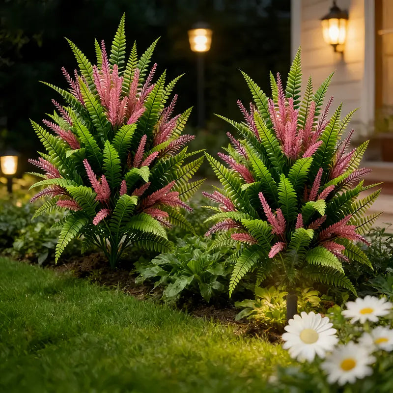 Outdoor Artificial Ferns with Faux Lavender and Ground Stakes - UV-Resistant Garden Decor, 2-Pack