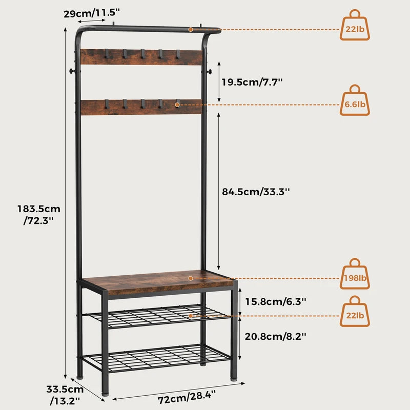 Multi-Functional Coat and Shoe Organizer with 2-Tier Shoe Rack and 12 Hooks