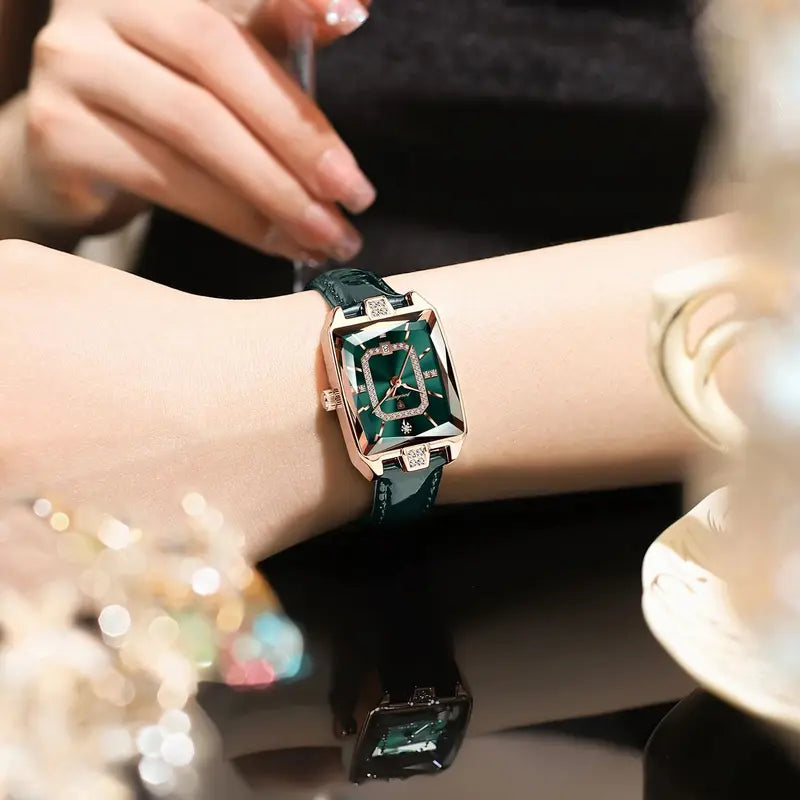 Women’s Waterproof Leather Watch with Date Function - Rectangle Quartz Watch