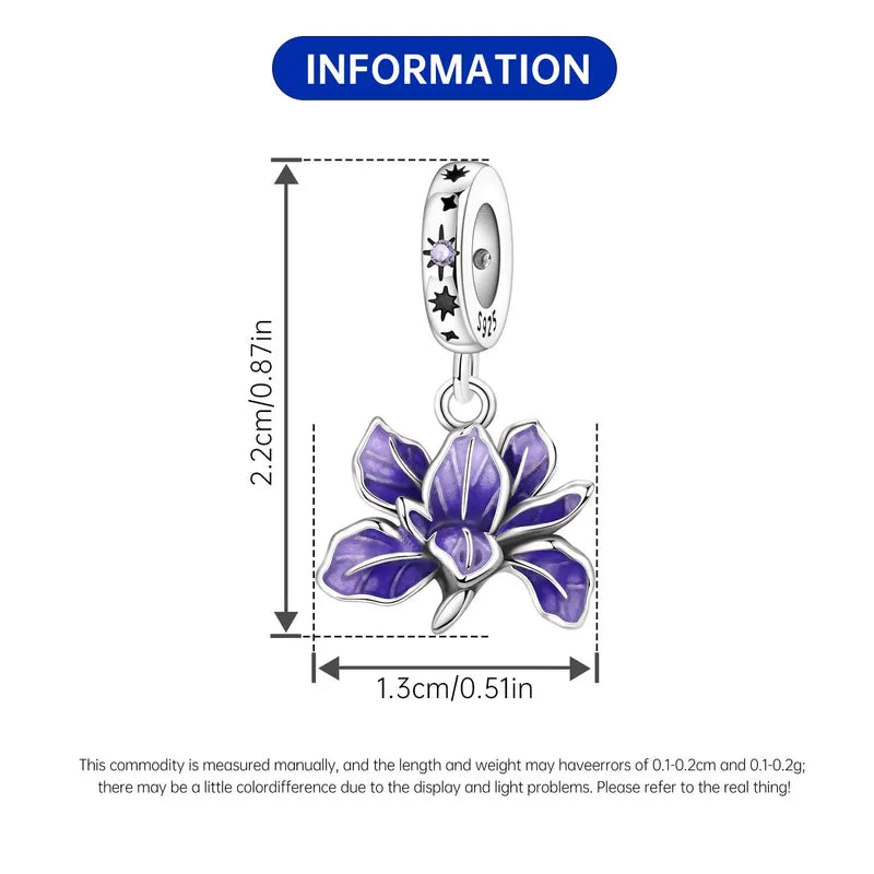 Sterling Silver Flower Pendant Charms for Jewelry Making - Purple Iris
