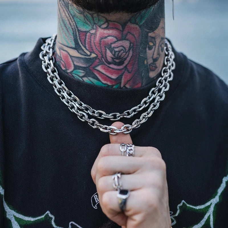 Chunky Beveled Cable Chain Necklace with Stainless Steel Link - Punk Gothic Jewelry for Men