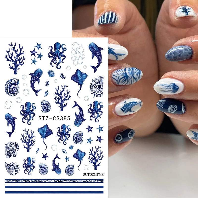 Ocean Nail Art Stickers Set - Whale Octopus Seashells Summer Manicure Decorations