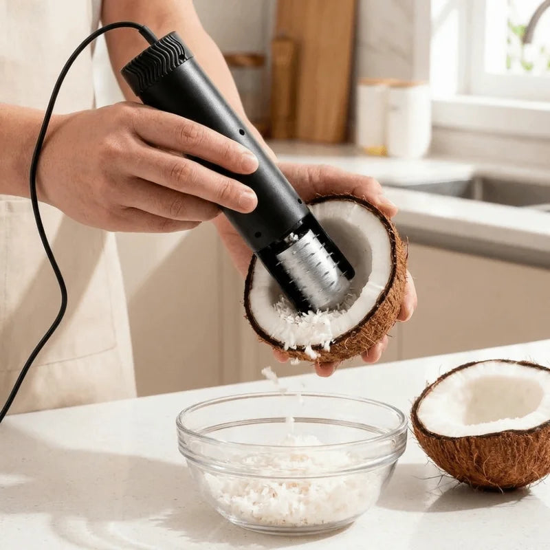 Electric Coconut Meat Grater - Handheld Food Shredder for Kitchen, Safe Rotating Fruit Tool