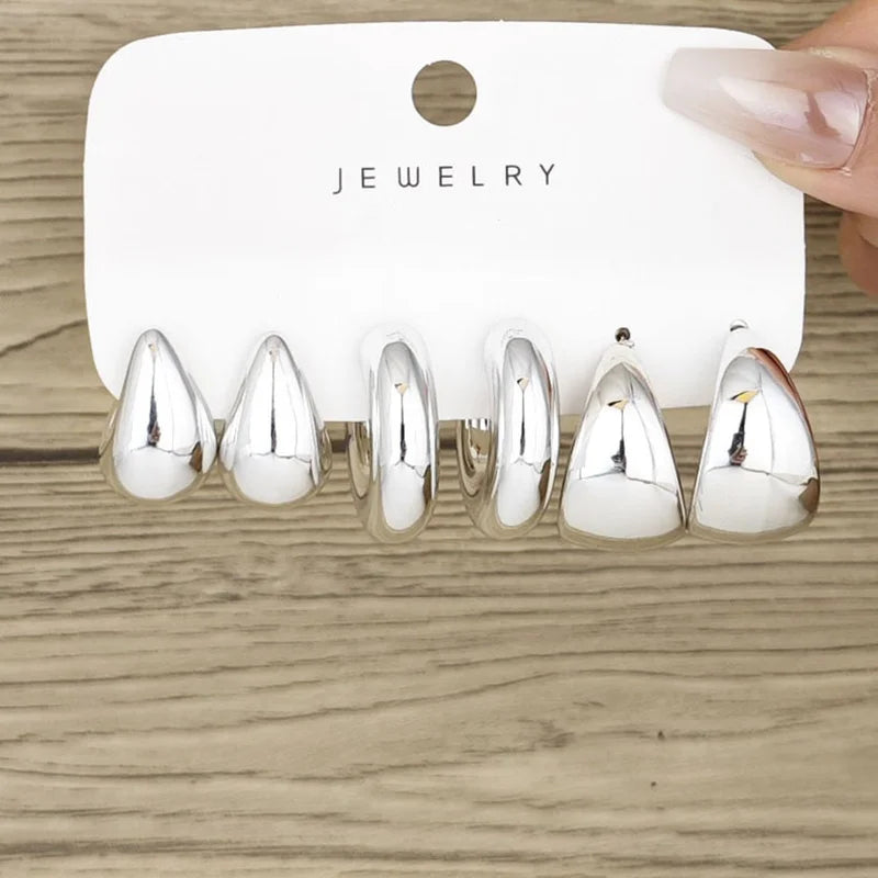 6-Piece Chunky Gold Plated Waterdrop Hoop Earrings Set for Women - Elegant Jewelry