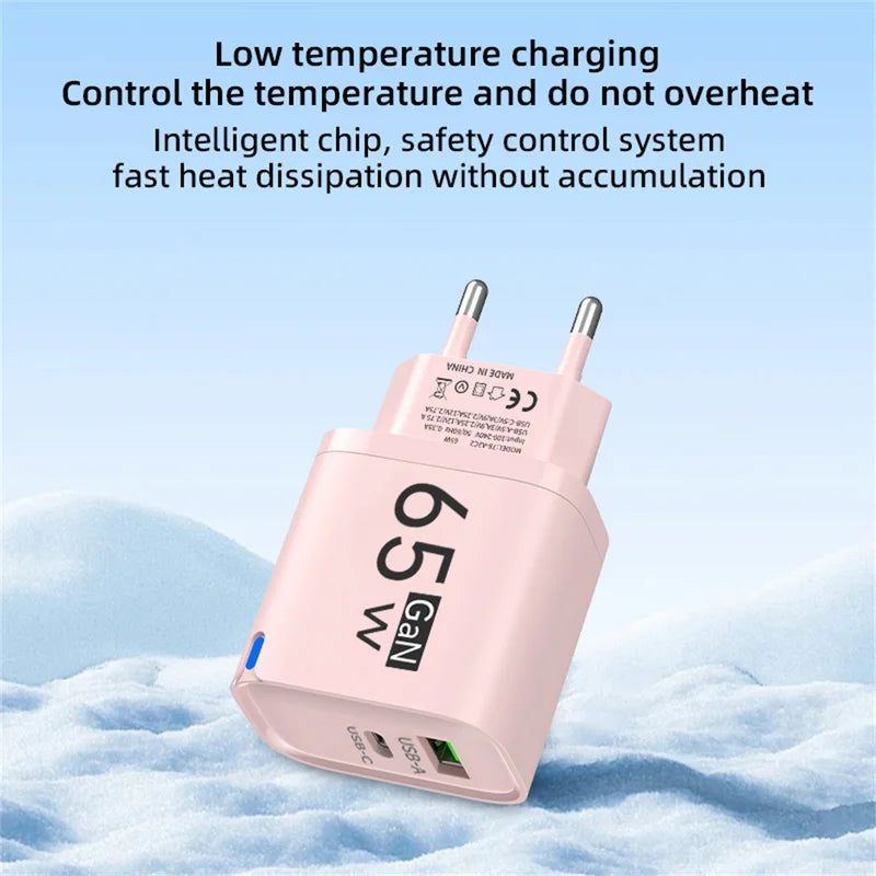 GaN 65W Fast USB-C Charger with Dual Ports, Universal Compatibility, Compact & Travel-Friendly