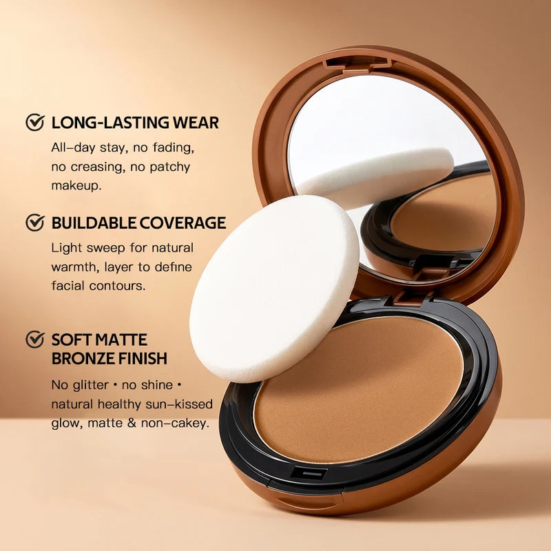 Bronze Compact Powder with Mirror - Long-Lasting Matte Finish Face Powder for Natural Skin Tone