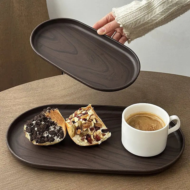 Multi-Purpose Walnut Wood Grain Oval Serving Tray - Kitchen Organizer & Decor