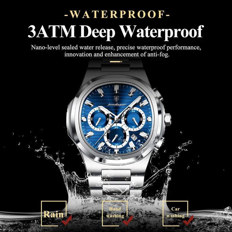 Men's Waterproof Chronograph Wristwatch with Luminous Dial and Date - Stainless Steel