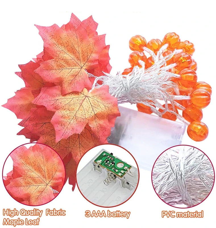 LED Halloween Fairy Light Garland with Pumpkin & Maple Leaf Decorations - Battery Powered Indoor Outdoor Decor