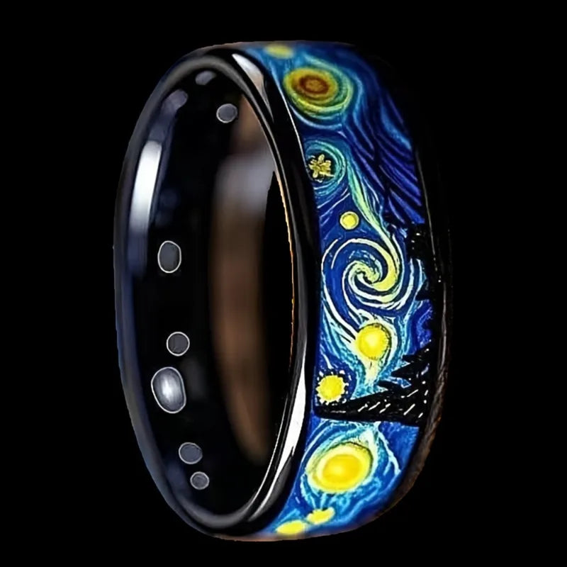 Starry Night Pattern Unisex Men Women Wedding Band Stainless Steel Ring
