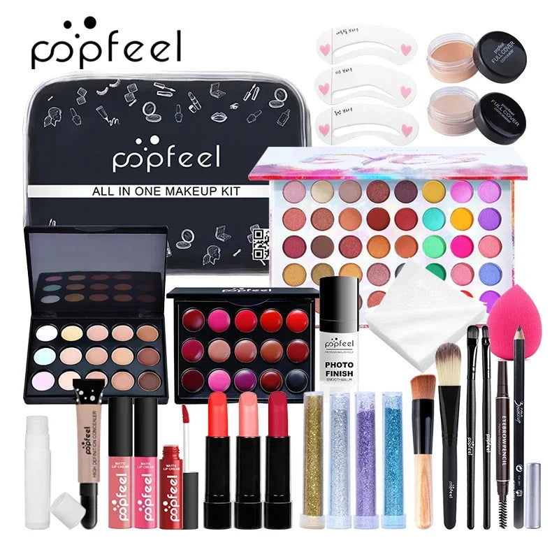 Complete Makeup Kit for Women Eyeshadow Lipstick Eyebrow Concealer & Brush Set