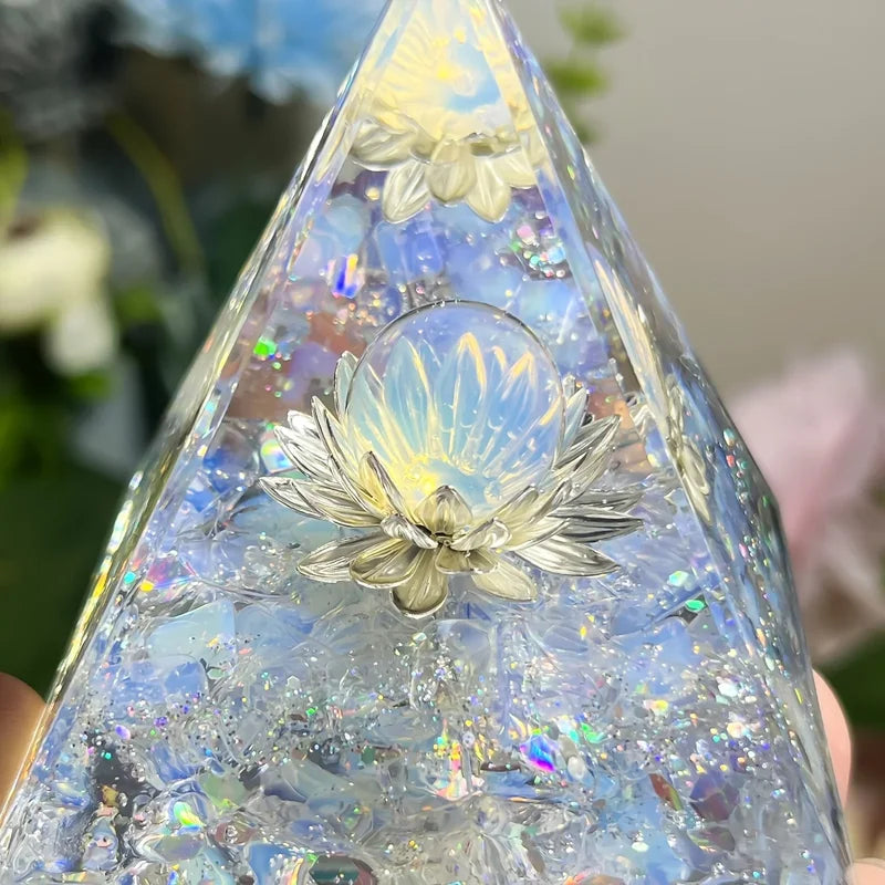 Decorative White Lotus Flower Opal Pyramid for Home Interior Energy & Decor