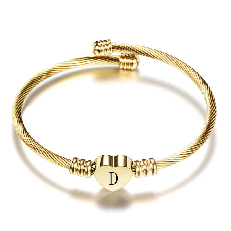 Initial Letter Alphabet Heart Charm Cuff Bracelet for Women - Stainless Steel Jewelry