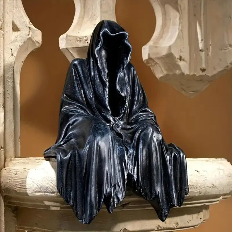 Gothic Black Garden Sculpture Sitting Reaper Halloween Decor Statue