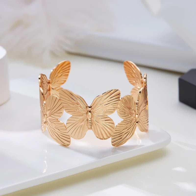Adjustable Hollow Flower Butterfly Cuff Bracelet for Women - Gold Plated Jewelry