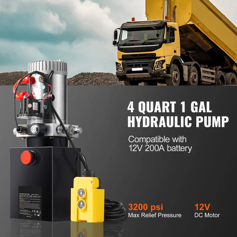 Hydraulic Pump 4-20 Quart Dump Trailer Power Unit 12V Single Acting Lift