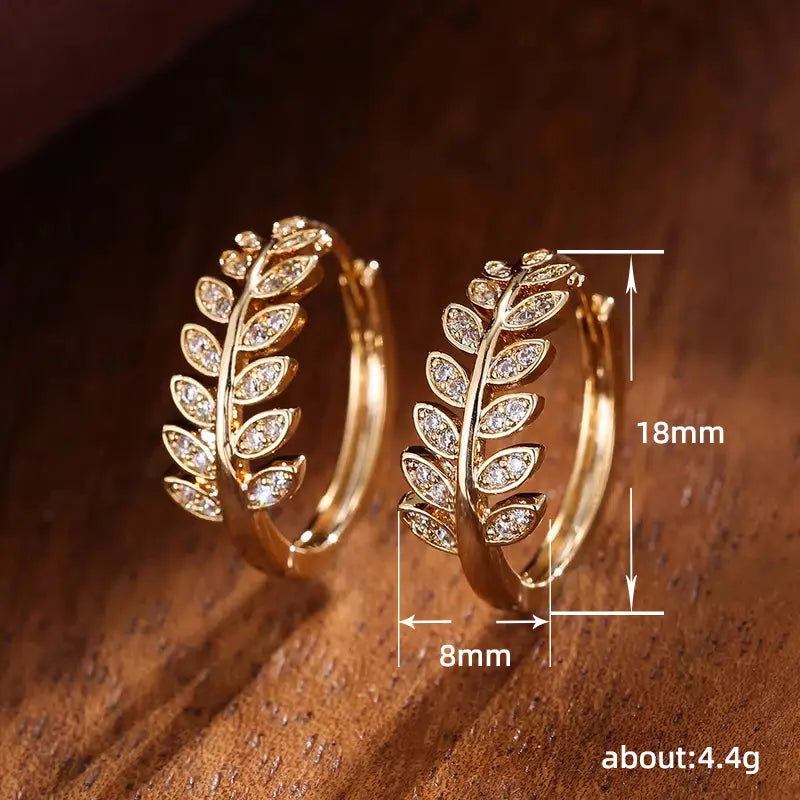 Simple Leaf Olive Hoop Earrings for Women - Crystal CZ Jewelry