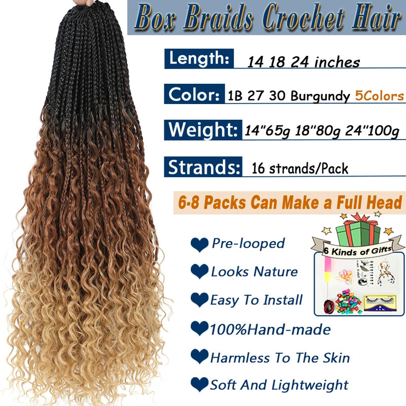 Boho Box Braids Crochet Hair Extensions 14-24 Inch Curly Ends 8 Colors