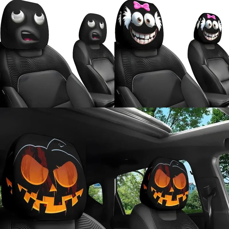 Halloween Car Headrest Covers 2pcs Spooky Skull & Funny Expression Design Universal Fit