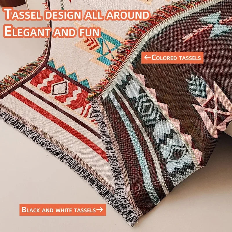 Oversized Boho Throw Blanket with Fringe Southwestern Geometric Design