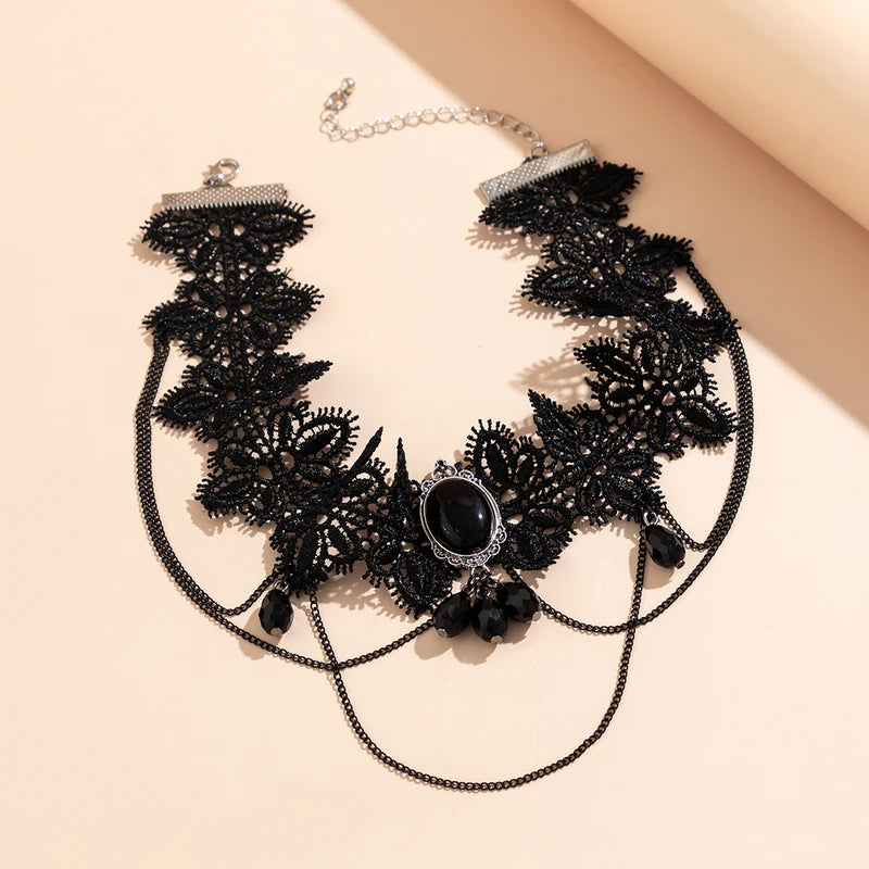 Gothic Black Lace Rope Chain Necklace with Crystal Beads and Geometric Charm - Girls Women Party Jewelry