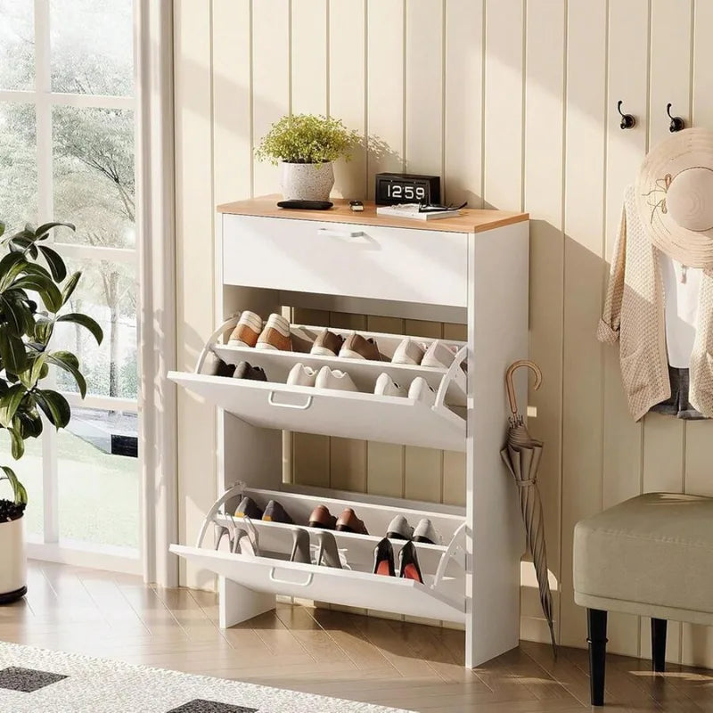 Slim Shoe Cabinet Storage for Entryway with 3 Drawers - White, Rustic Brown & Dark Rustic Oak Variants