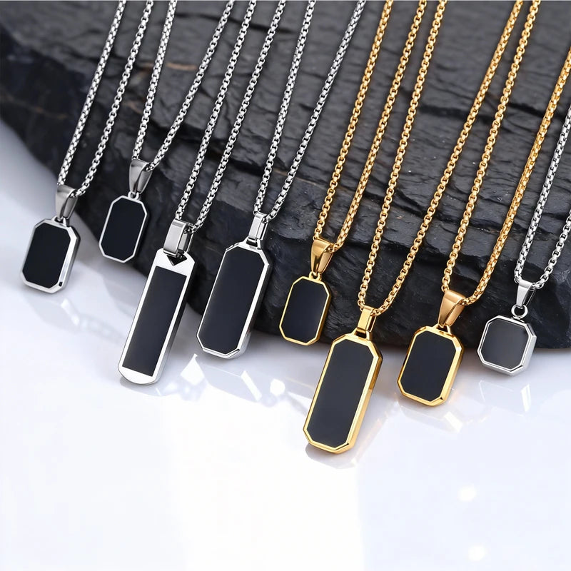 Men's Black Enamel Necklace with Geometric Square Dogtags - Stainless Steel, Anniversary Gift
