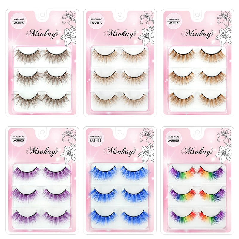 Rainbow Colorful False Eyelashes 3 Pairs - Vegan Makeup Eye Lashes for Halloween and Cosplay