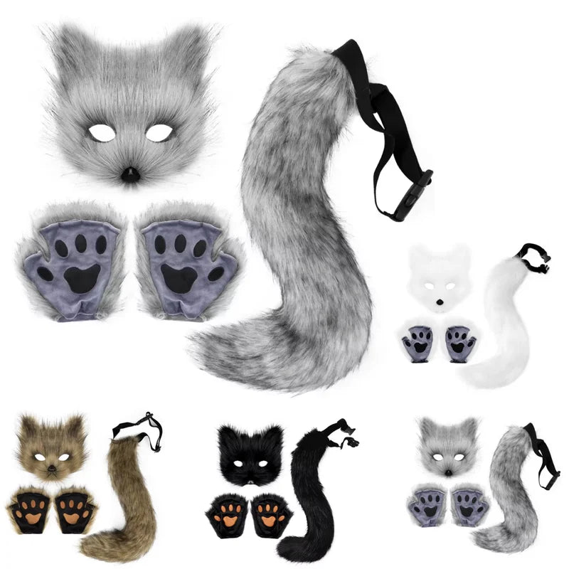Fox Half Face Mask with Tail and Gloves Costume Set for Halloween Cosplay