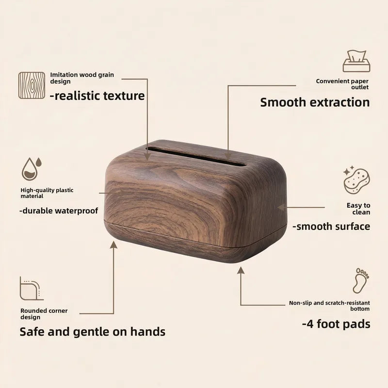 Vintage Faux Wood Plastic Tissue Box Cover - Desktop Napkin Dispenser for Home & Restaurant