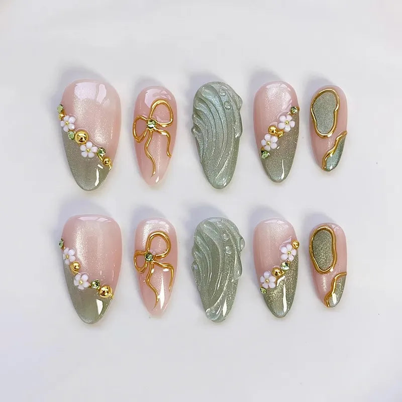 Press On Nail Set with 3D Gold Bow & Mini Flowers - Medium Almond, Full Cover