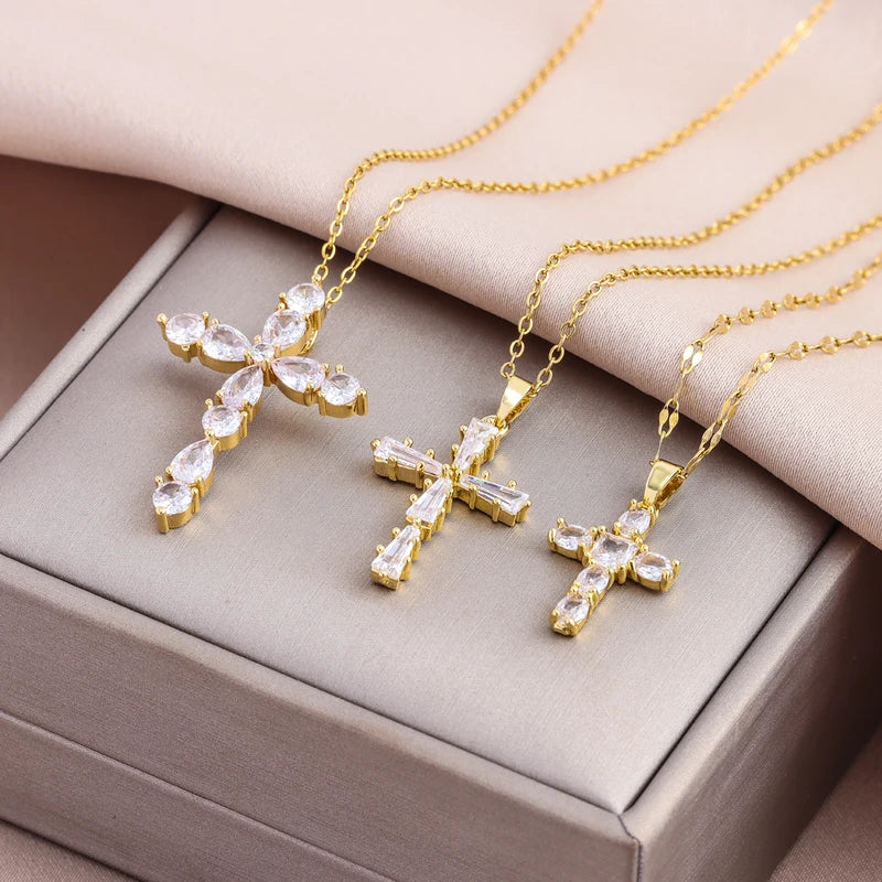 Sparkly Zircon Crystal Cross Pendant Necklace for Women Stainless Steel Chain Jewelry