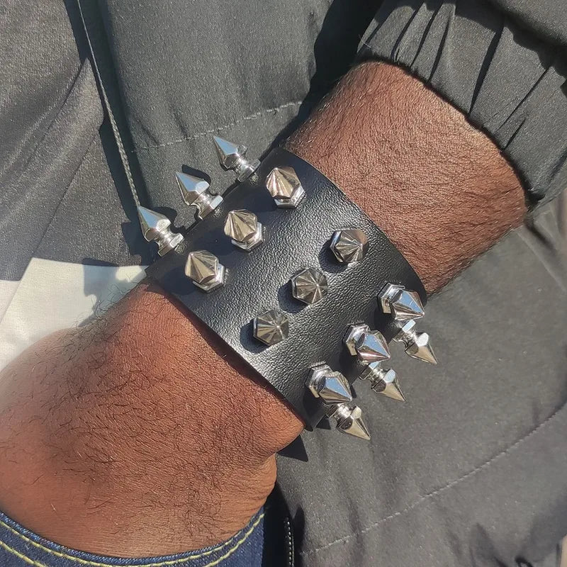 Unisex Punk Leather Bracelet Wide Cuff with Spikes Rivets Gothic Accessories