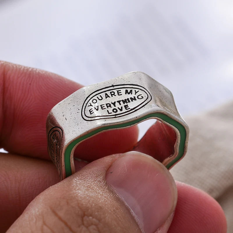 Elegant Green Stripe Letter Carving Silver Ring for Women - Retro Thai Jewelry Gift