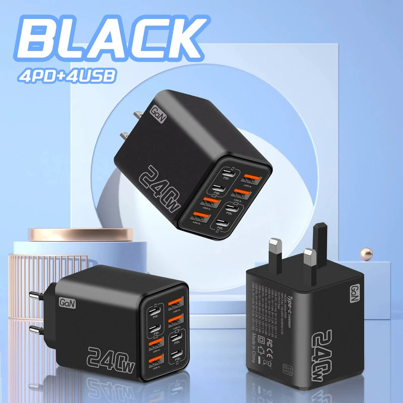 240W GaN USB C Charger 8-in-1 Fast Charging Power Adapter for Smartphones