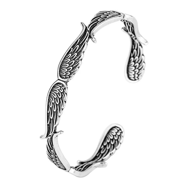 Sterling Silver Angel Wings Bracelet - Retro Thai Jewelry Open Cuff