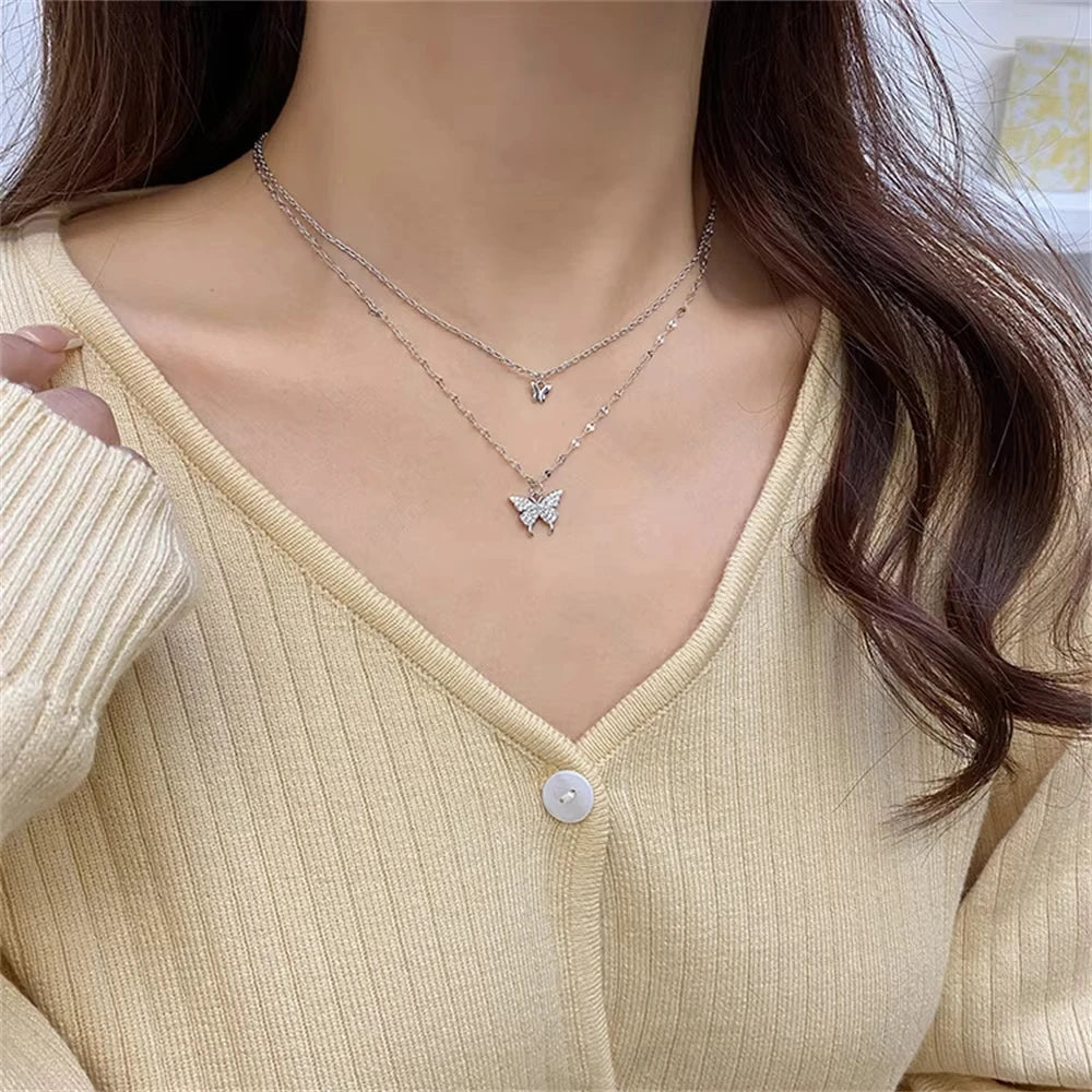 Shiny Butterfly Necklace for Women Double Layer Clavicle Chain Jewelry Gift