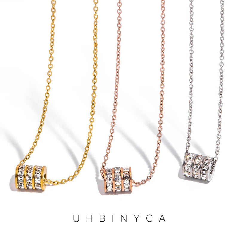 Stainless Steel Cylinder Pendant Necklace for Women with Zirconia Collar Jewelry Gift