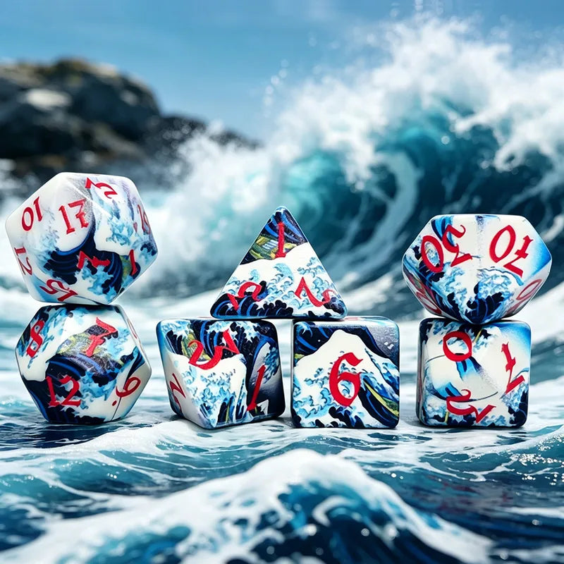 Colorful 7-Piece Wave Print Dice Set for DND RPG Board Games