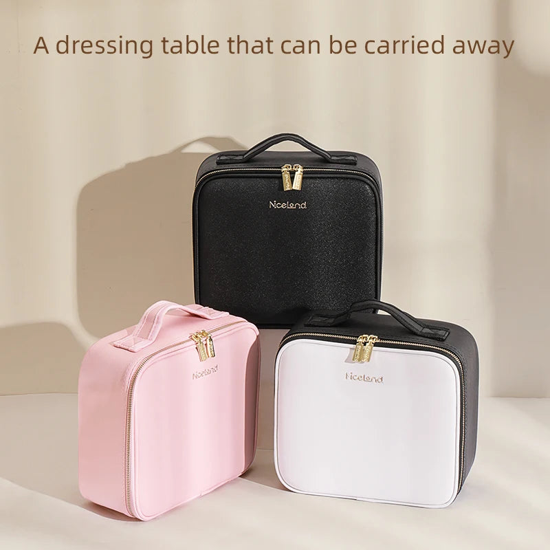 Travel Makeup Train Case with LED Lighted Mirror, Adjustable Dividers & 3 Light Settings