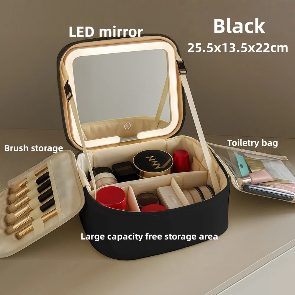 Large Capacity Travel Makeup Bag with LED Mirror and Organizer - Portable Women's Cosmetic Case