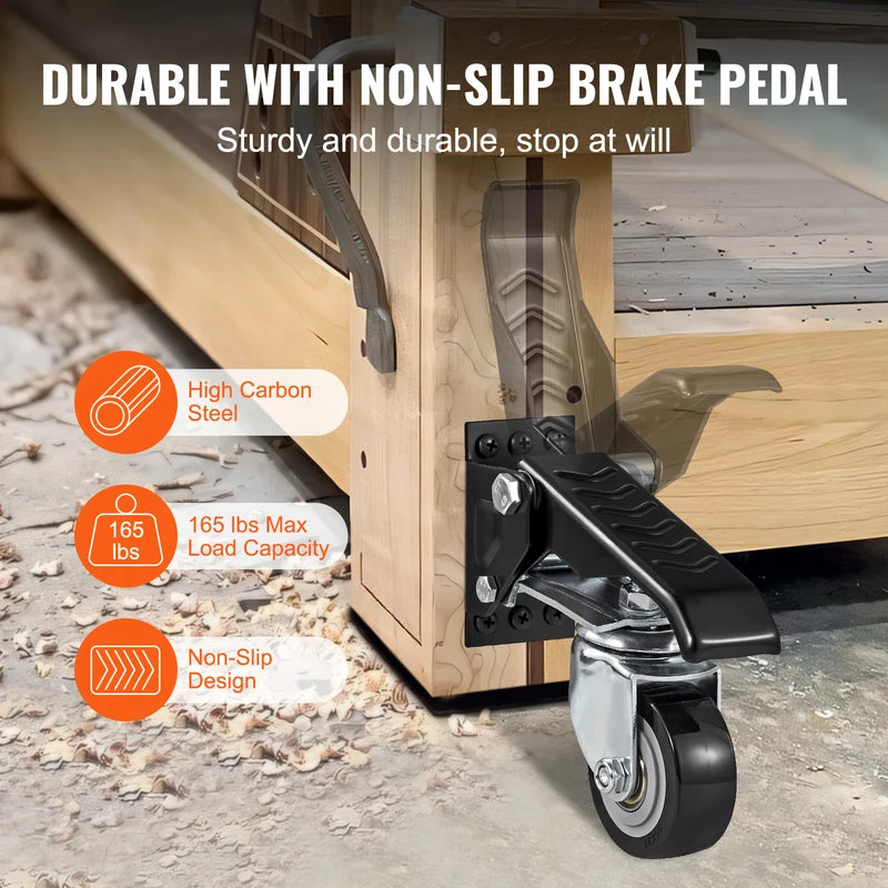 Heavy Duty Workbench Caster Wheels Set - 165 lbs, 2.5-inch Swivel, Side Mounted, Retractable, 360° Rotation
