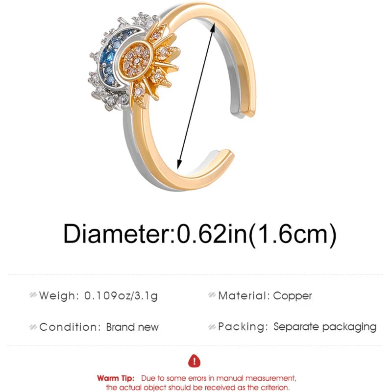 Sparkling Sun and Moon Adjustable Couple Rings CZ Open Promise Jewelry Set