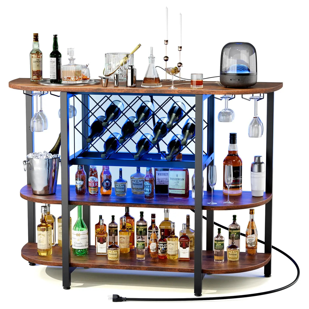 LED Home Bar Cabinet with Storage, Glass Holder & Wine Bottle Racks