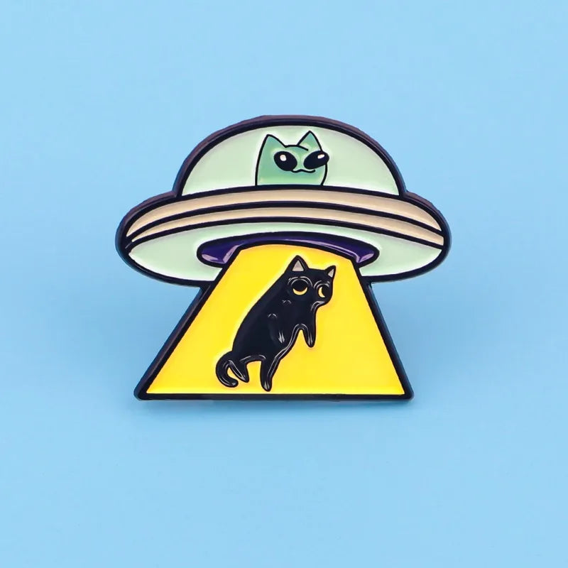 UFO Alien Enamel Pin for Backpack & Clothing Accessories - Black Cat Badge