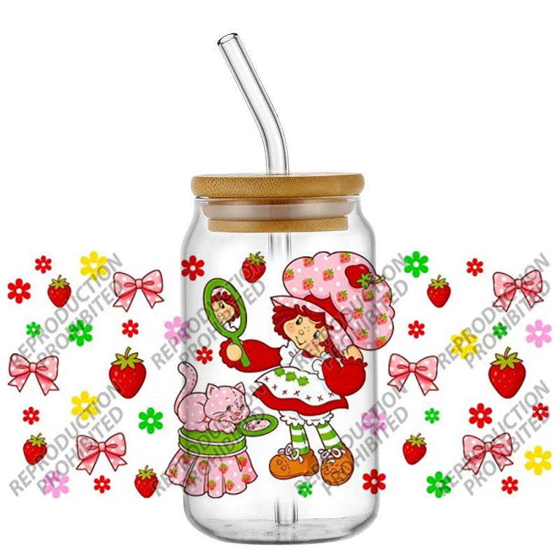 Cartoon Strawberry Girl UV DTF Cup Wrap Transfer Sticker for 16oz Glass Can DIY Decal